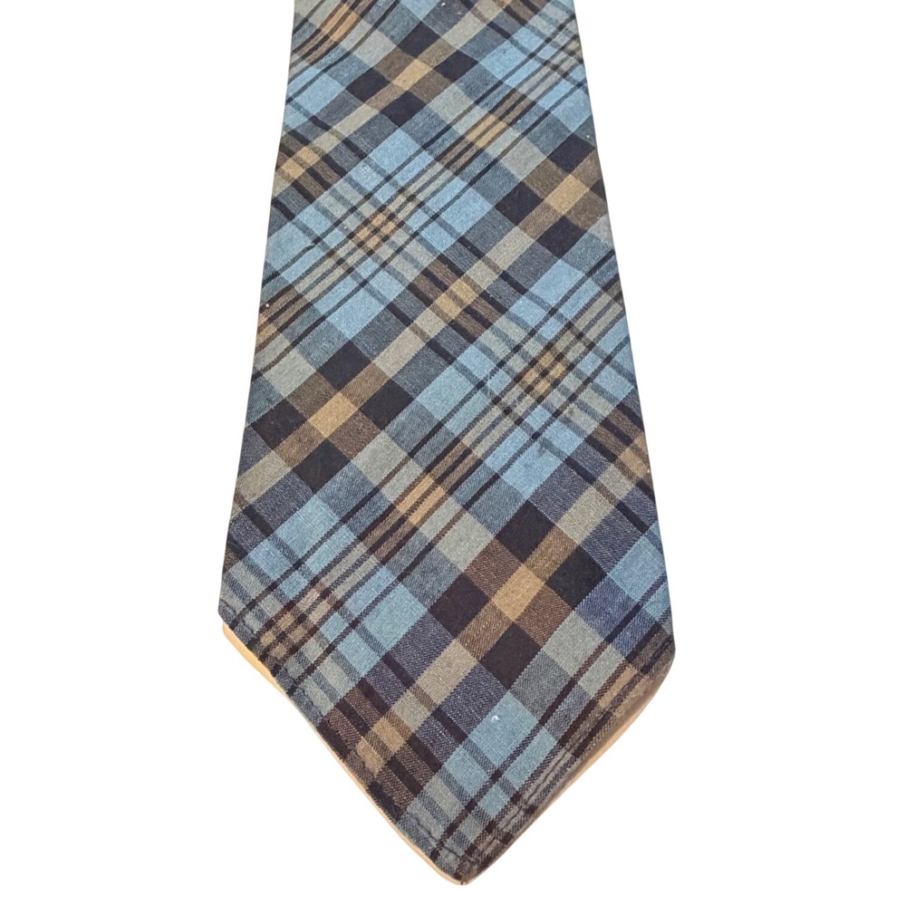 Ralph Lauren Rugby Tie Blue Brown Plaid Cotton Made in Italy Ivy League Necktie